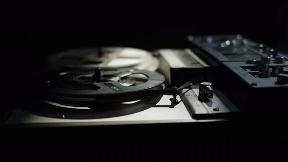 Close Up Old Reeltoreel Tape Recorder Plays Magnetic Tape Record