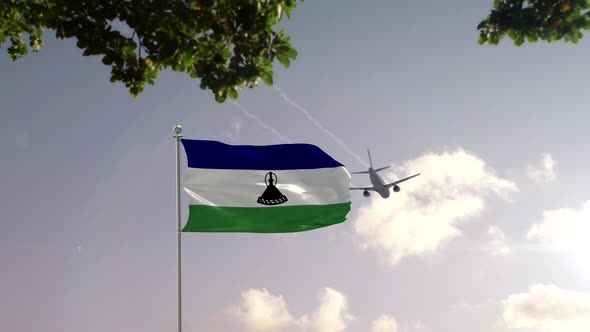 Lesotho Flag With Airplane And City 