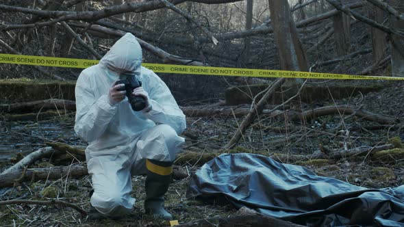 Forensic specialists working in the forest. Crime scene and police concept.