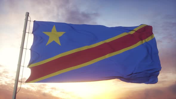 Democratic Republic of the Congo Flag Waving in the Wind Sky and Sun Background