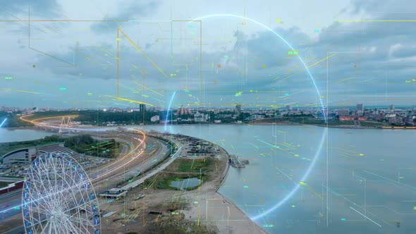 Smart City Aerial Drone Footage Hologram Information Arches Forming During Network Communication