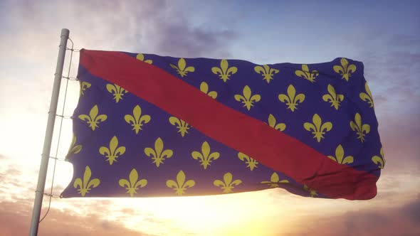 Bourbonnais flag, France, waving in the wind, sky and sun background