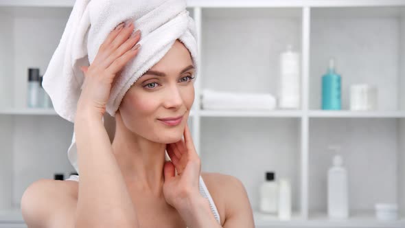 Smiling Morning Woman with Natural Beauty Looking at Mirror