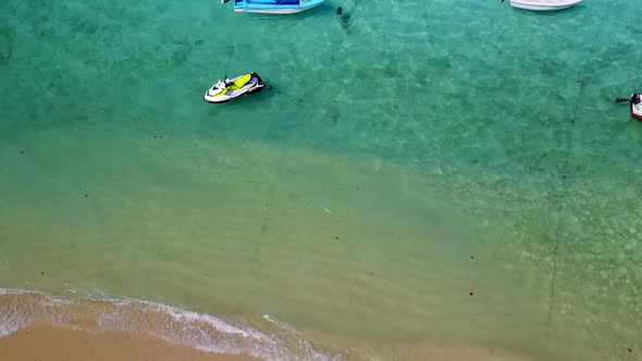 Aerial drone seascape of coast beach by water and sand background