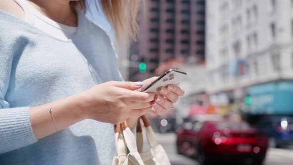 Slow Motion Close Up Businesswoman Hands Standing Outdoors on Busy City Street