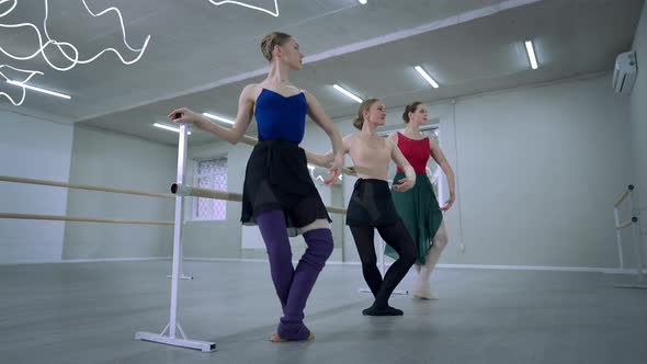 Gorgeous Talented Ballerinas Rehearsing Passe Releve Movement in Studio Indoors