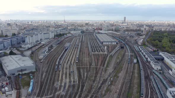 Train Station Aerial Drone. A drone flies over a train station. 