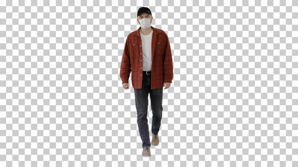 Man in casual shirt and cap walking in medical mask, Alpha Channel