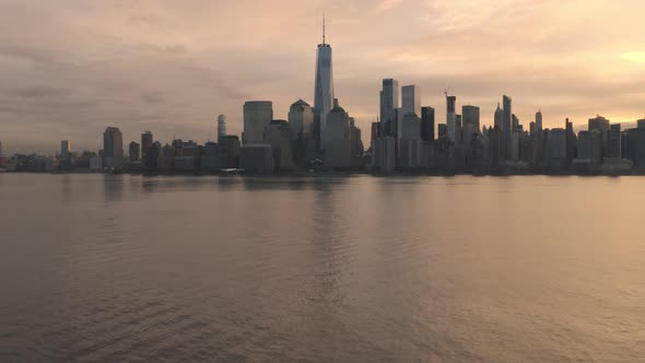 Aerial footage of lower Manhattan; taken from Jersey City