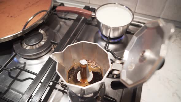coffee italian espresso homemade machine boiler and milk for a typicall italian breakfast