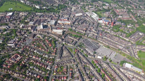 Aerial footage of the British town of Harrogate, a town in North Yorkshire, England