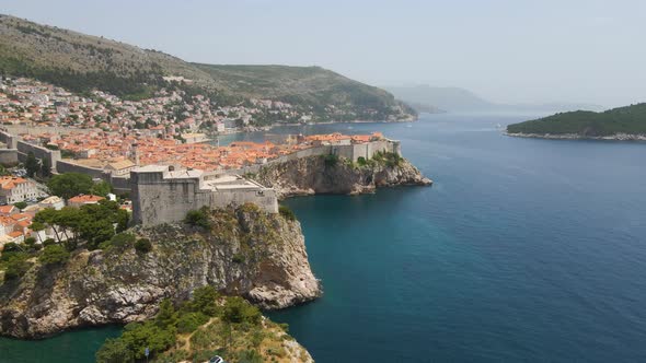 view from top walls of Dubrovnik city of Croatia. Looking Fort Lovrijenac fortress, over the West Ha