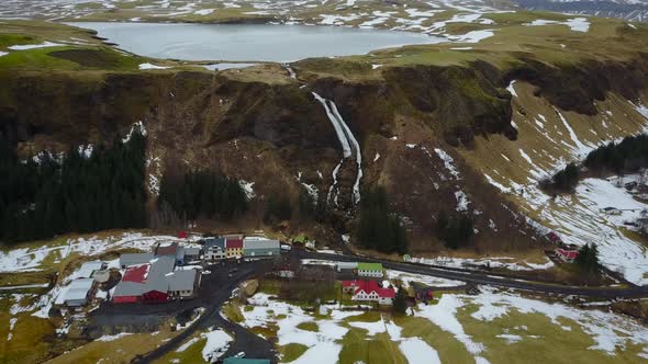 Aerial view of Icelandic countryside and village.