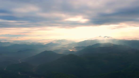 4K Aerial view of Mountains landscape with morning fog.