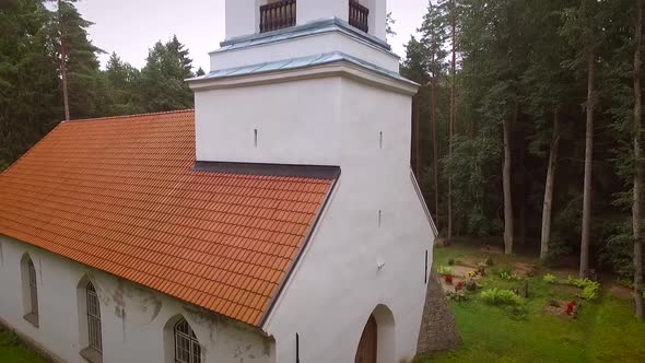 Aerial view of Orthodox Chapel located in cemetery in Estonia.