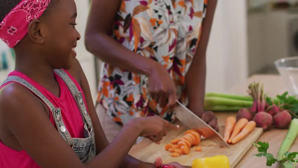 African american mother and daughter chopping vegetables in the kitchen at home