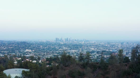 Urban aerial view of beautiful and scenic downtown Los Angeles on blue sky. 