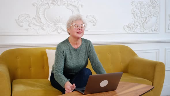 an Adult Woman with Gray Hair Works at a Laptop