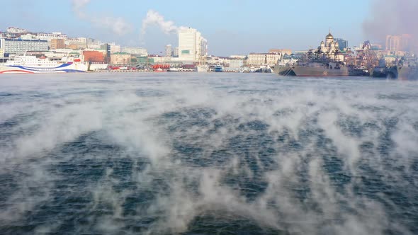 The Surface of the Sea in the Gulf Soars on a Cold Winter Day Fog Over the Water