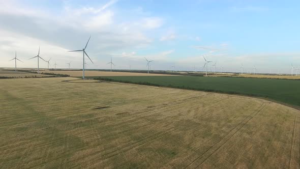 Wind Turbines in Wheat Fields in the Summer, Aerial Survey