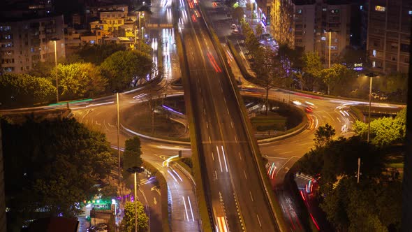 Night Guangzhou Road and Circle Junction in China Timelapse