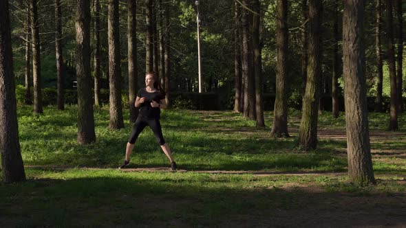 Woman Black Uniform Morning Goes Sports Park Forest