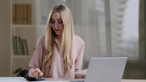 Caucasian Businesswoman Worker Boss Leader Remote Teacher Woman Sitting at Desk Paperwork Checking