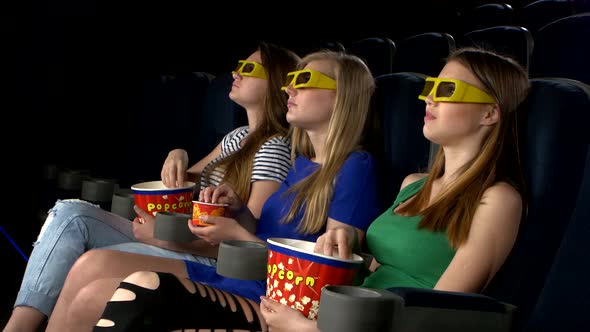 Girl Watching a Film at the Cinema and Eat, 3d Glasses, Eating Popcorn