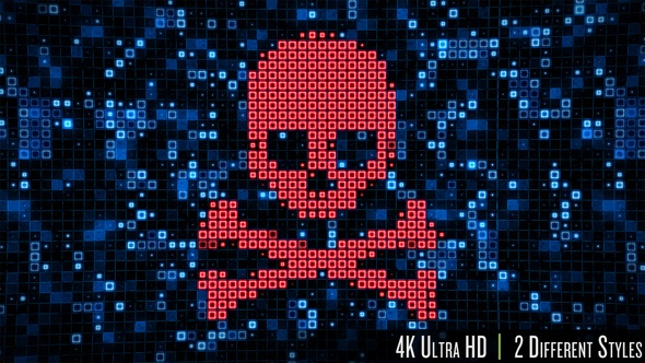4K Futuristic Digital Data Nodes Being Hacked Showing Skull and Crossbones with Computer Virus
