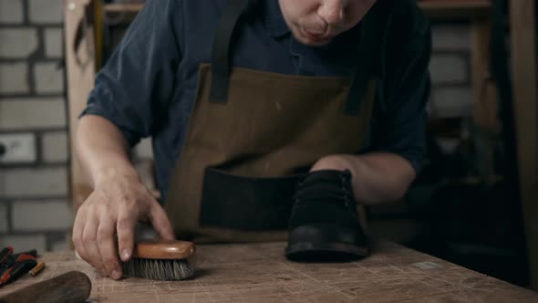 Shoemaker Makes Leather Shoes for Men Sole of Shoe Handmade Craft DIY Process Craftsman Making Boots