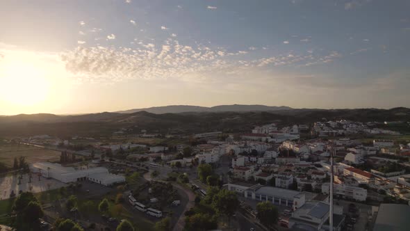 Aerial drone shot flying over Silves in Algarve, a historic tourist town, Portugal