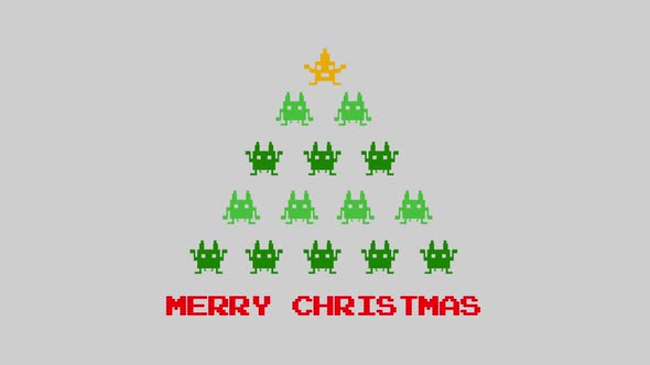 Animation of the words Merry Christmas and digital Christmas tree with star and Christmas decoration