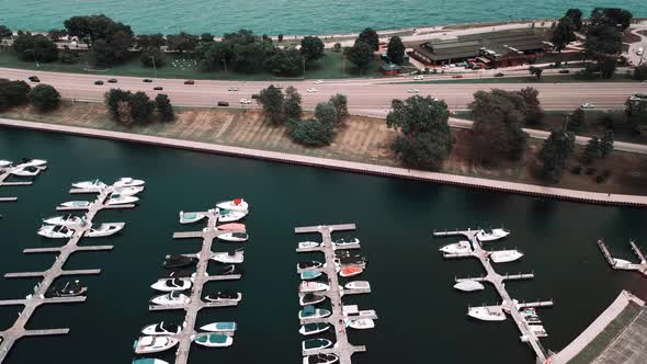 Diversey harbor and interstate reveal 4k aerial footage in chicago illinois