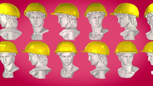 Safety Hard Hat On Animated Antique Museum Statue In Creative Background