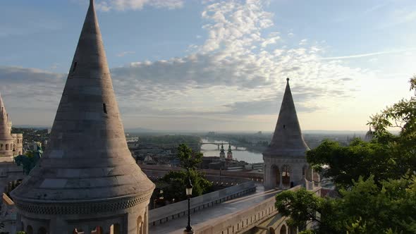 Flight over Fisherman's Bastion (Halaszbastya) in Budapest, Hungary, Europe