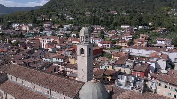 Salo, Italy. Aerial view, Santa Maria Annunziata catholic church tower and city on sunny summer day,