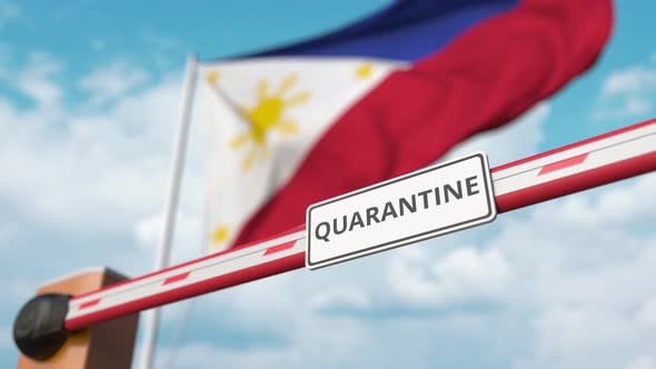 Barrier Gate with QUARANTINE Sign Opens at Flag of the Philippines