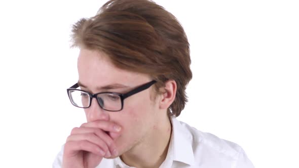 Man in Glasses Coughing Throat Infection