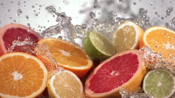 Slow Motion Shot of Citrus Fruits and Water Splashing Through Lemon Lime Grapefruit Slices