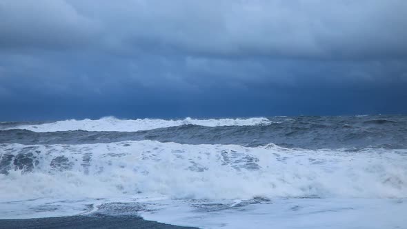 Storm Waves on Black Beach Reynisfjara in Winter, Vik, Iceland.