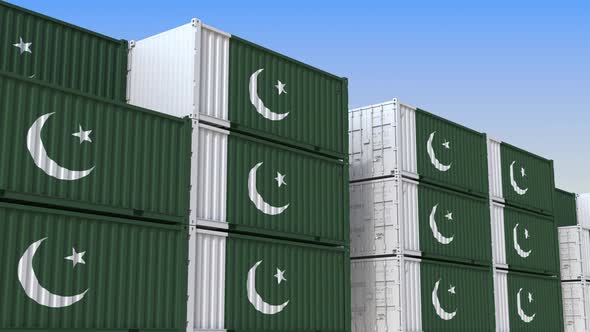 Container Terminal Full of Containers with Flag of Pakistan