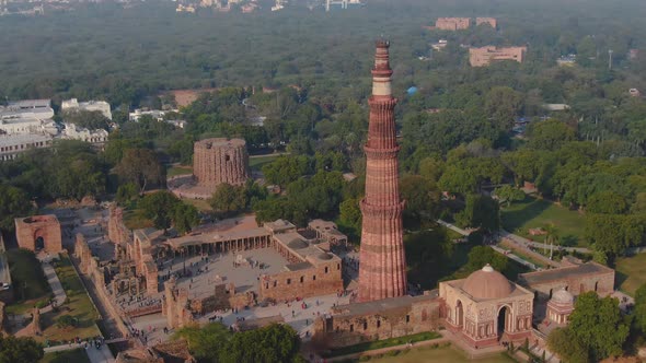 Ancient "Qutb Minar" mosque, India, Delhi, Aerial 4k drone footage