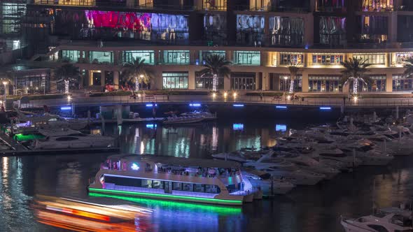 Waterfront Promenade in Dubai Marina Aerial Night Timelapse