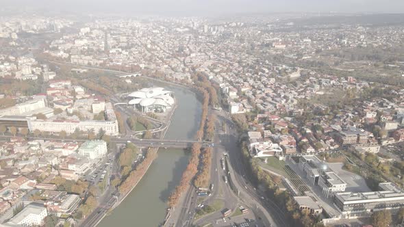 Tbilisi, Georgia - October 25 2021: Flying over Baratashvili bridge in the center of Tbilisi