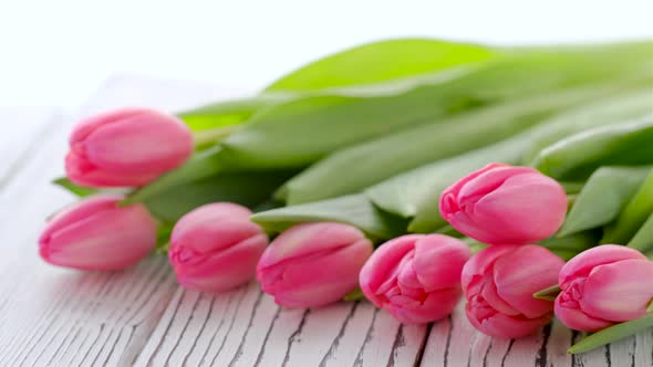 Bouquet of Pink Tulips on a White Wooden Background