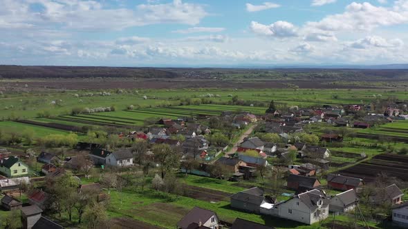 Aerial landscape traditional Ukrainian village, spring day