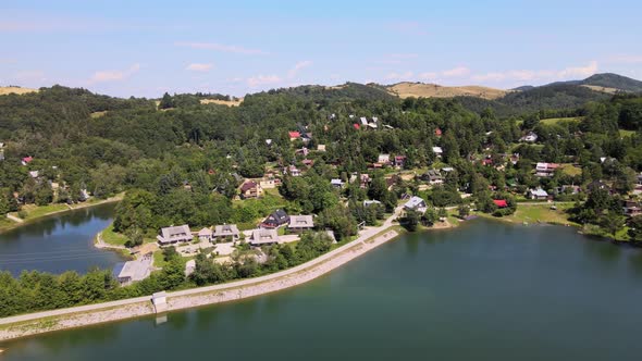 Aerial view of Vindsachtske lake in the village of Stiavnicke Bane in Slovakia