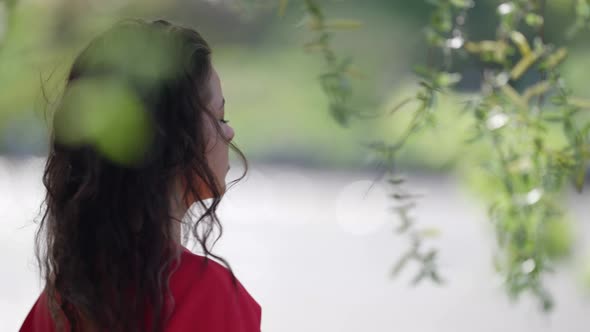 Portrait of Pretty Woman at Nature Charming Female Face and River at Sunny Weather