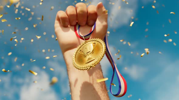 Rising hand holding a shiny gold medal. Top winner with first prize. Victory.