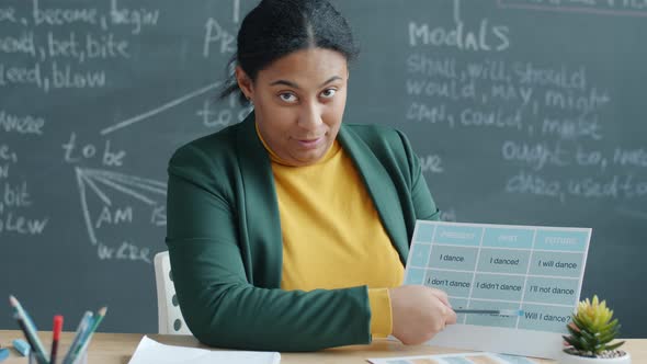 Creative Vlogger Recording Educational Webinar About English Grammar Teaching Online in Class alt